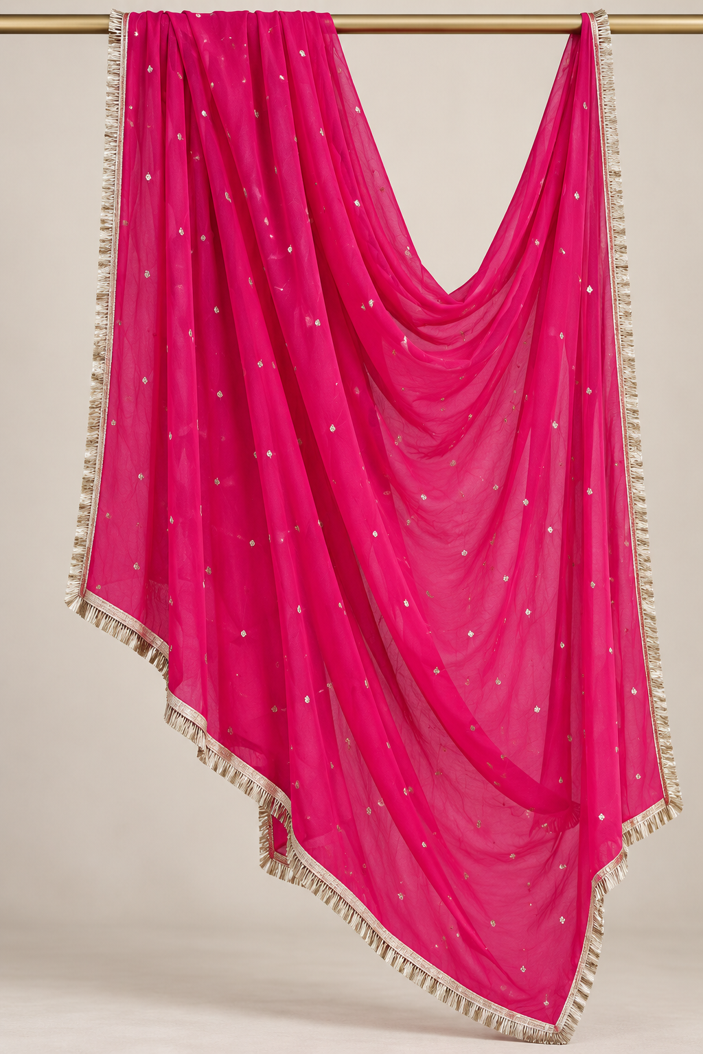 Hot Pink Faux Georgette Butti Dupatta with Metallic Border