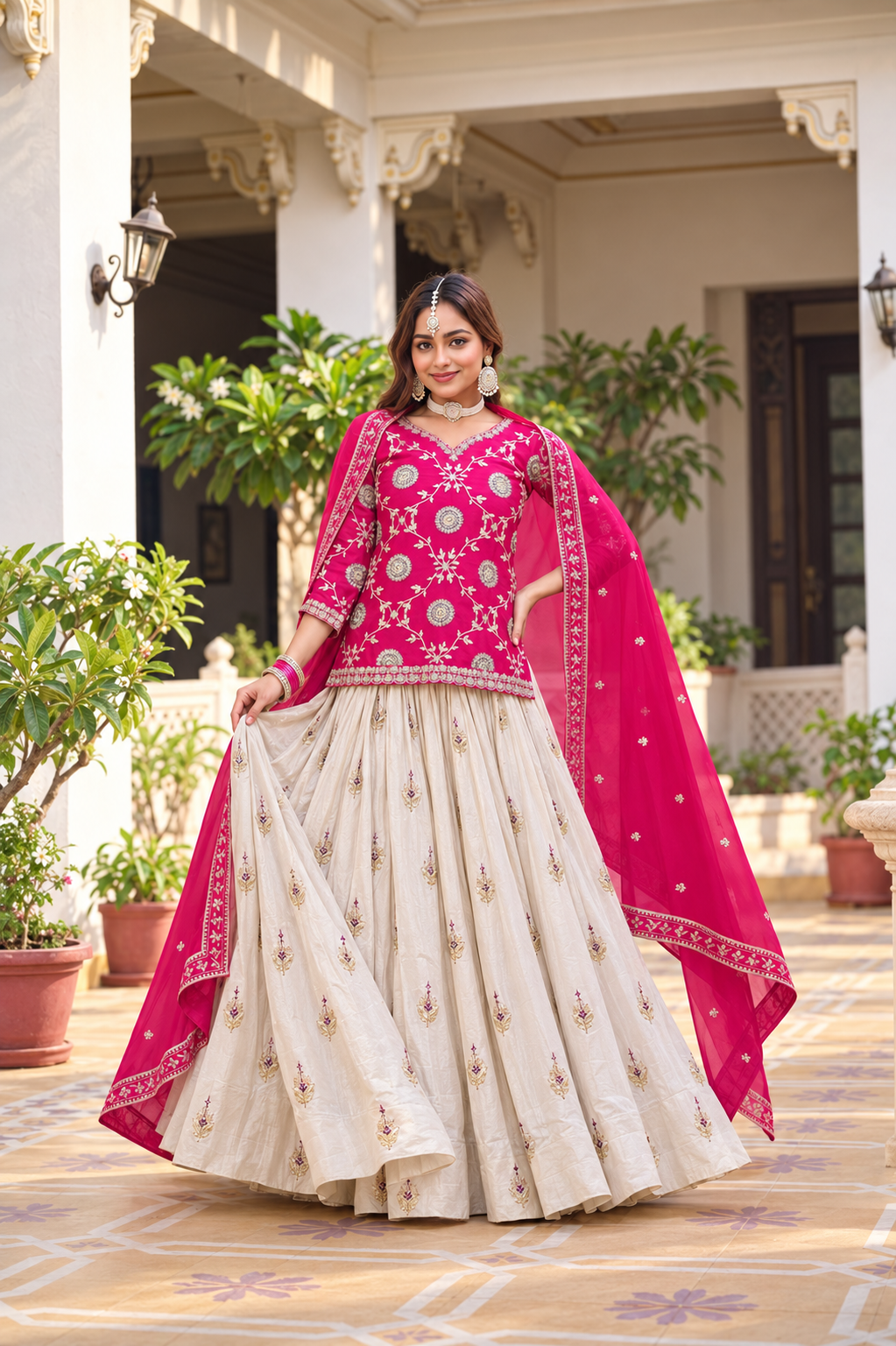 Hot Pink Embroidered Chinon Kurti with Ivory Tissue Silk Lehenga & Dupatta