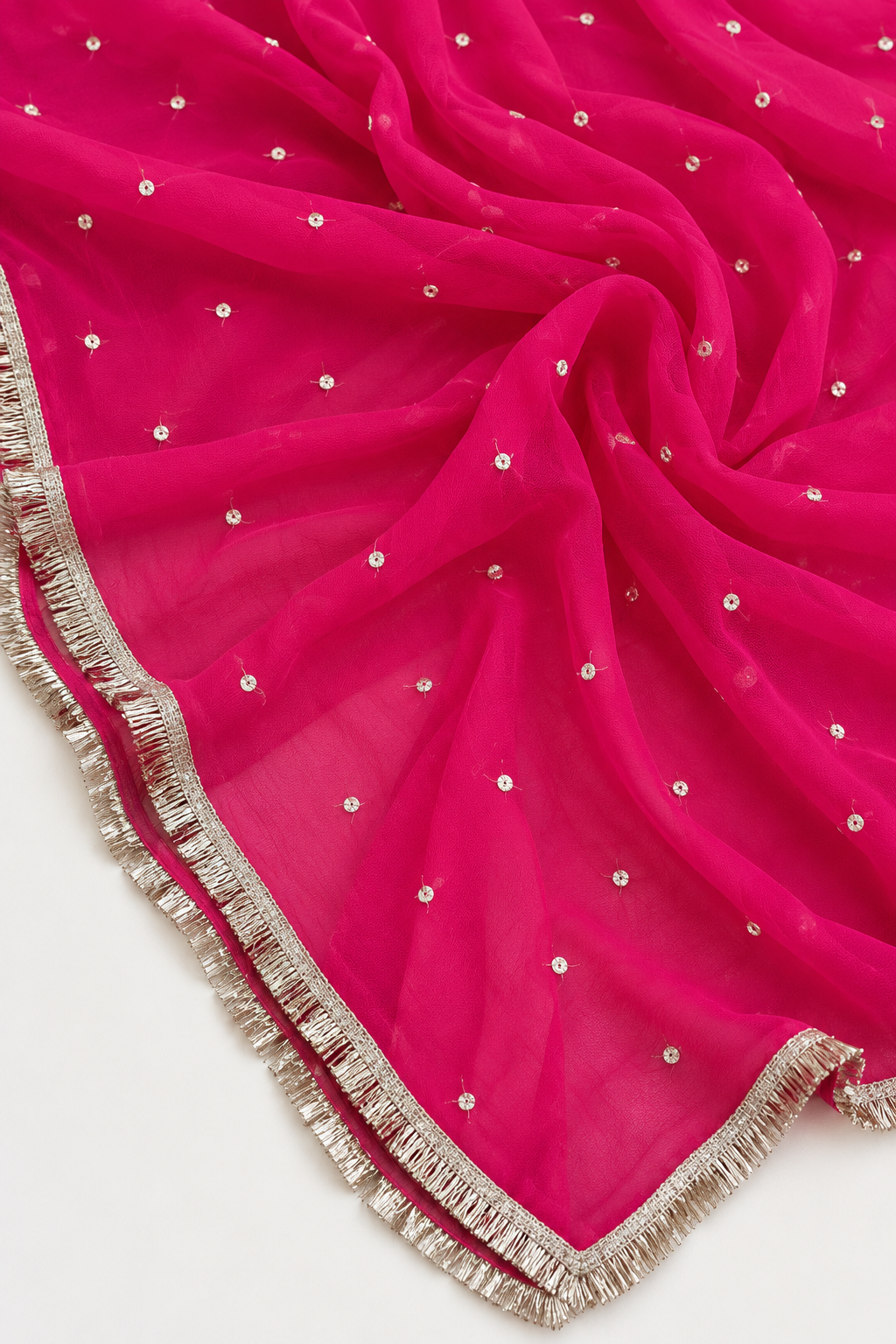 Hot Pink Faux Georgette Butti Dupatta with Metallic Border
