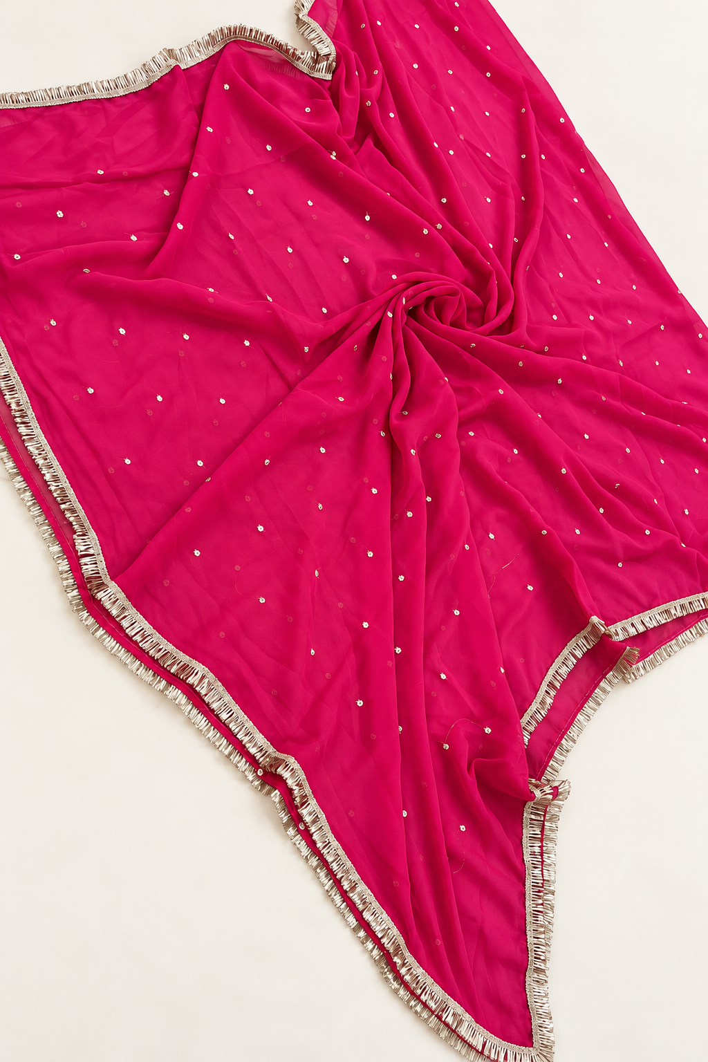 Hot Pink Faux Georgette Butti Dupatta with Metallic Border