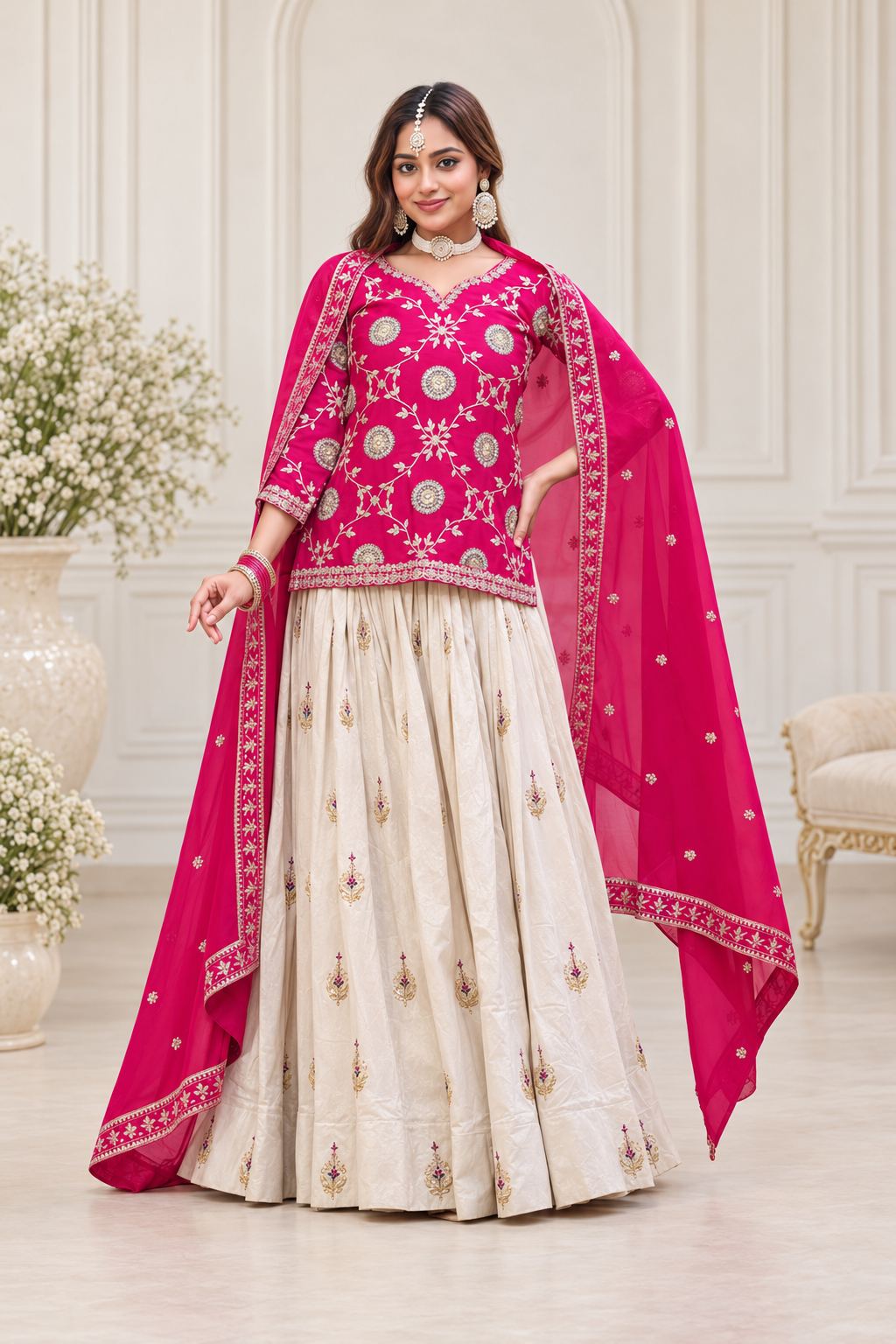 Hot Pink Embroidered Chinon Kurti with Ivory Tissue Silk Lehenga & Dupatta