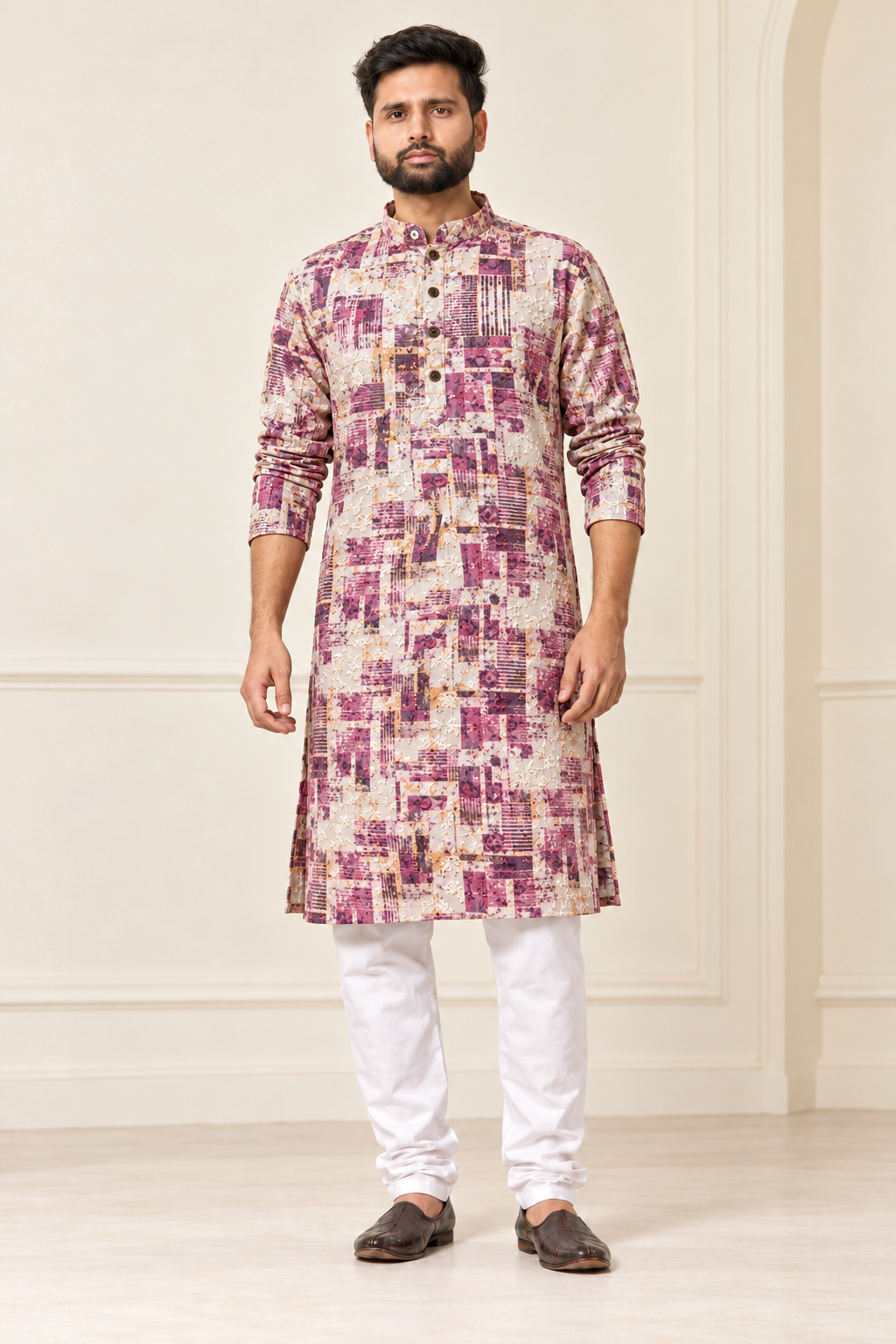 Men’s Cream & Plum Sequin Work Kurta with White Pajama | Heavy Festive Wear