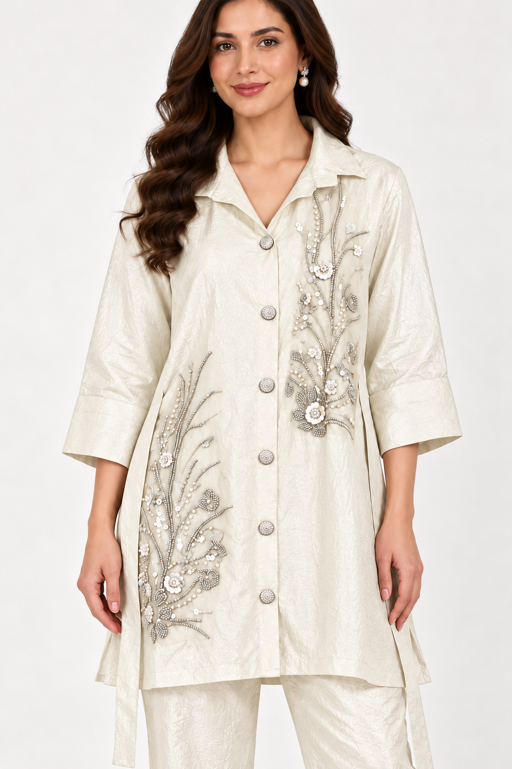 Ivory Botanical Embellished Co-ord Set – Size 38
