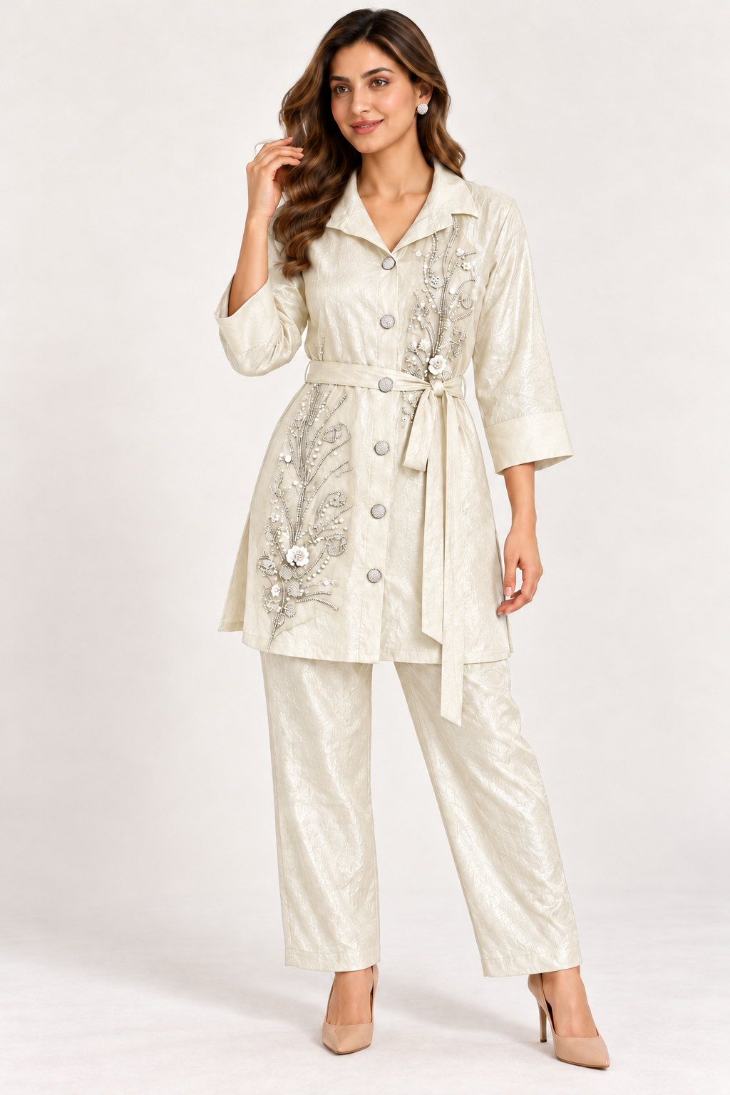 Ivory Botanical Embellished Co-ord Set – Size 38