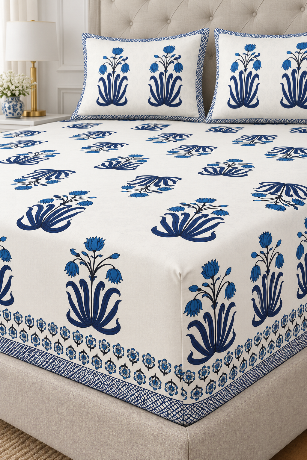 Blue Botanical Queen Fitted Bedsheet Set – Off-White Floral Print