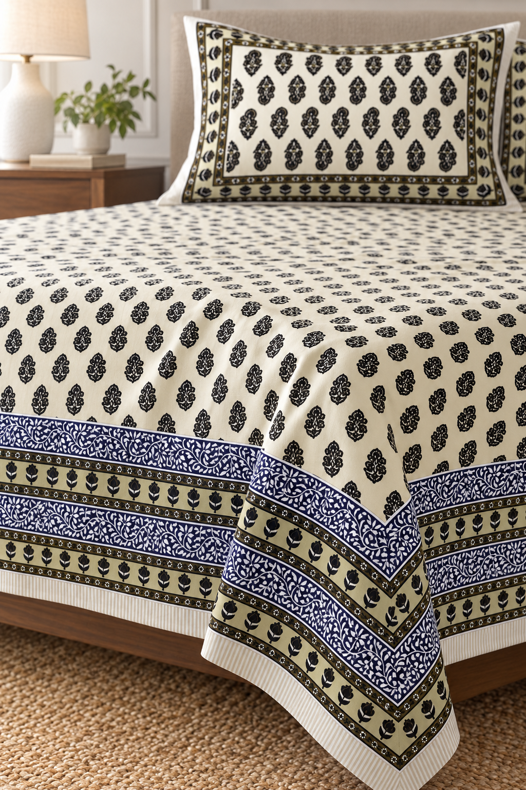 Queen Size Flat Bedsheet with Matching Pillowcases – Cream & Black Motif Print