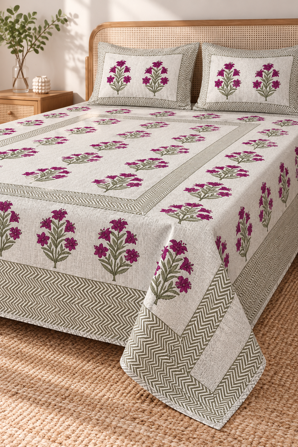 Queen Size Flat Bedsheet with Matching Pillowcases – Magenta Floral & Chevron Border
