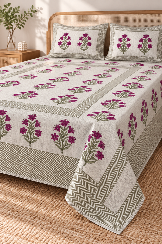 Queen Size Flat Bedsheet with Matching Pillowcases – Magenta Floral & Chevron Border