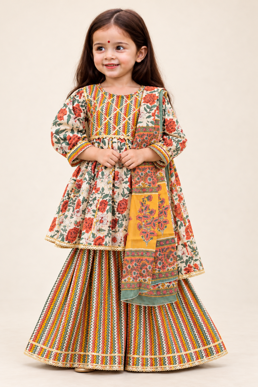 Girls’ Cream Floral & Multicolor Sharara Set with Dupatta