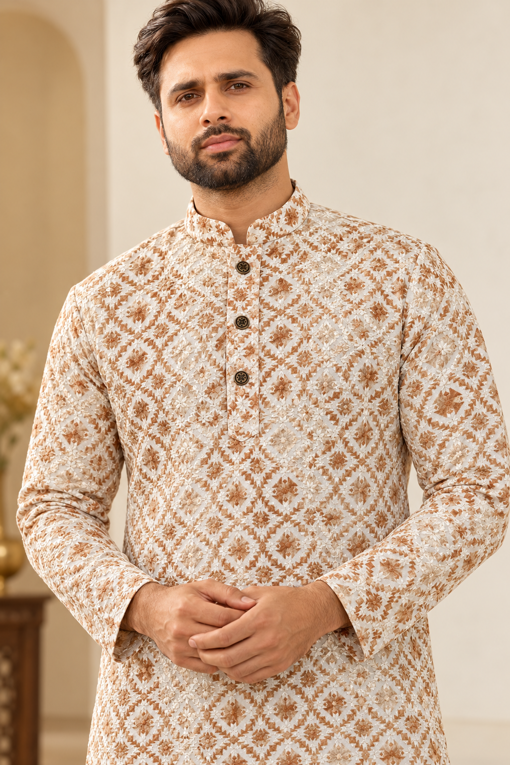 Men’s Ivory & Beige Embroidered Kurta with White Pajama | Heavy Festive Wear