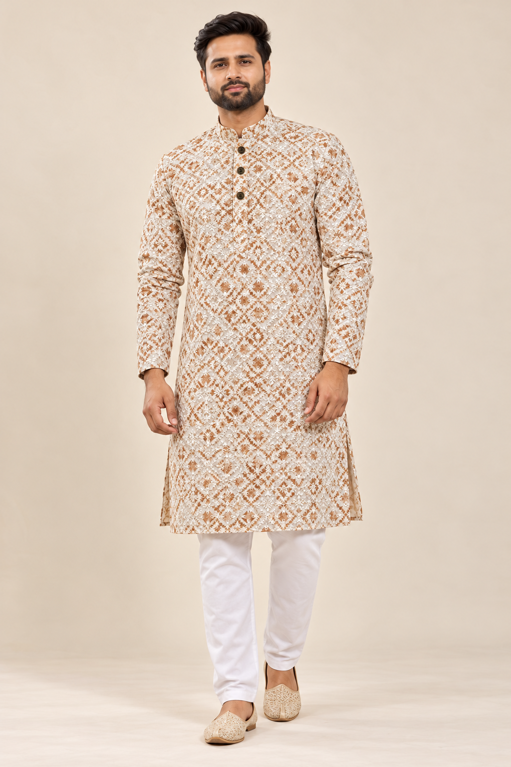 Men’s Ivory & Beige Embroidered Kurta with White Pajama | Heavy Festive Wear