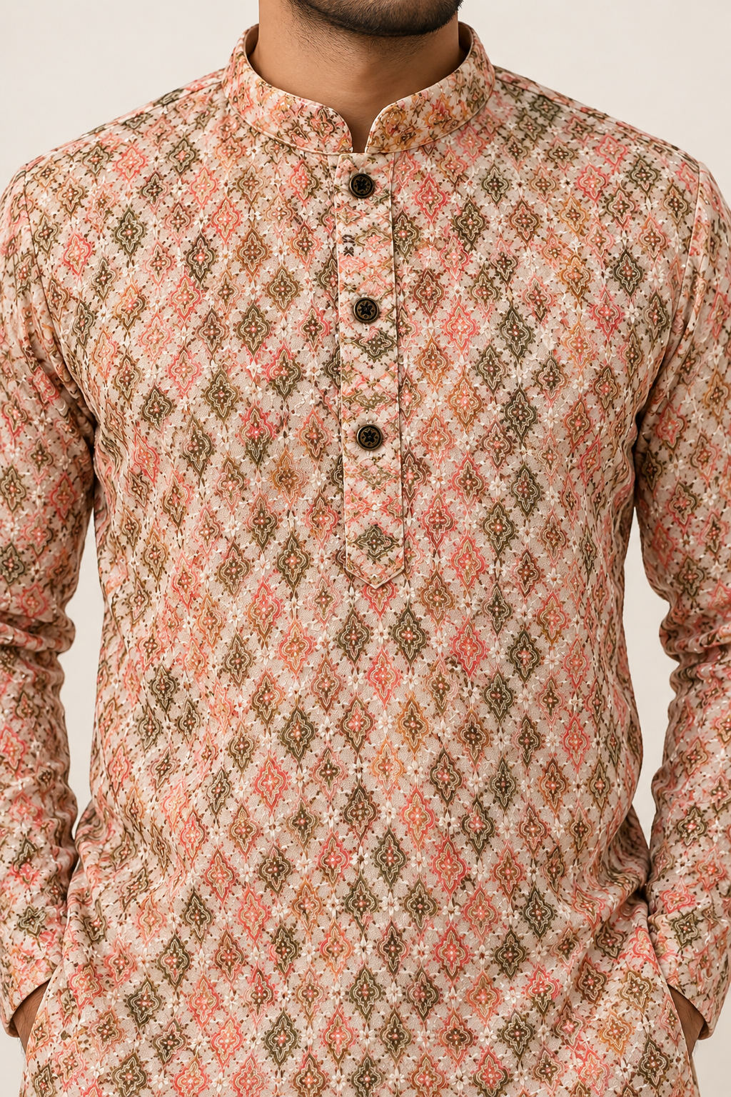 Men’s Ivory & Coral Embroidered Kurta with White Pajama | Heavy Festive Wear