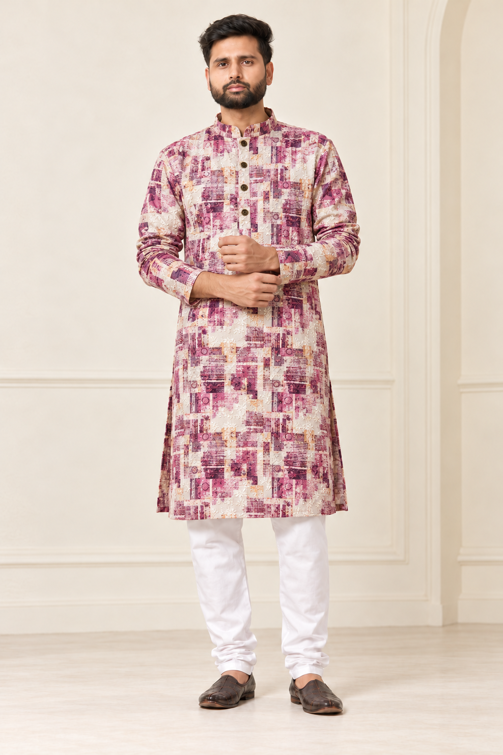 Men’s Cream & Plum Sequin Work Kurta with White Pajama | Heavy Festive Wear