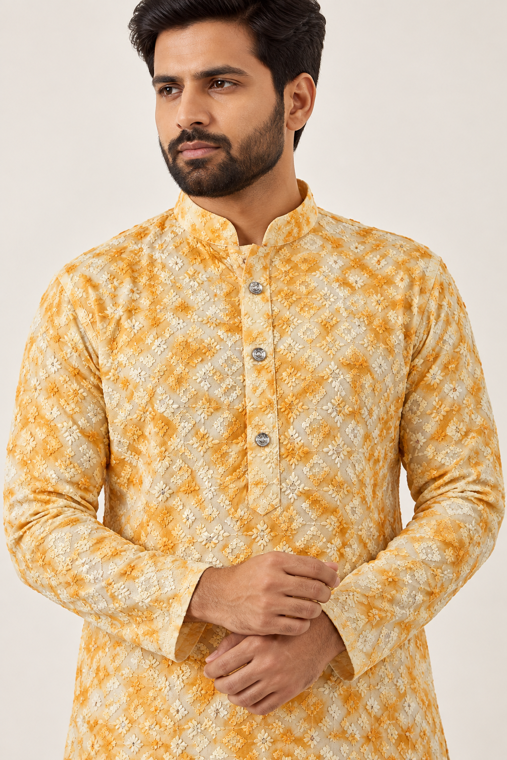 Men’s Yellow & Ivory Embroidered Kurta with White Pajama | Heavy Festive Wear