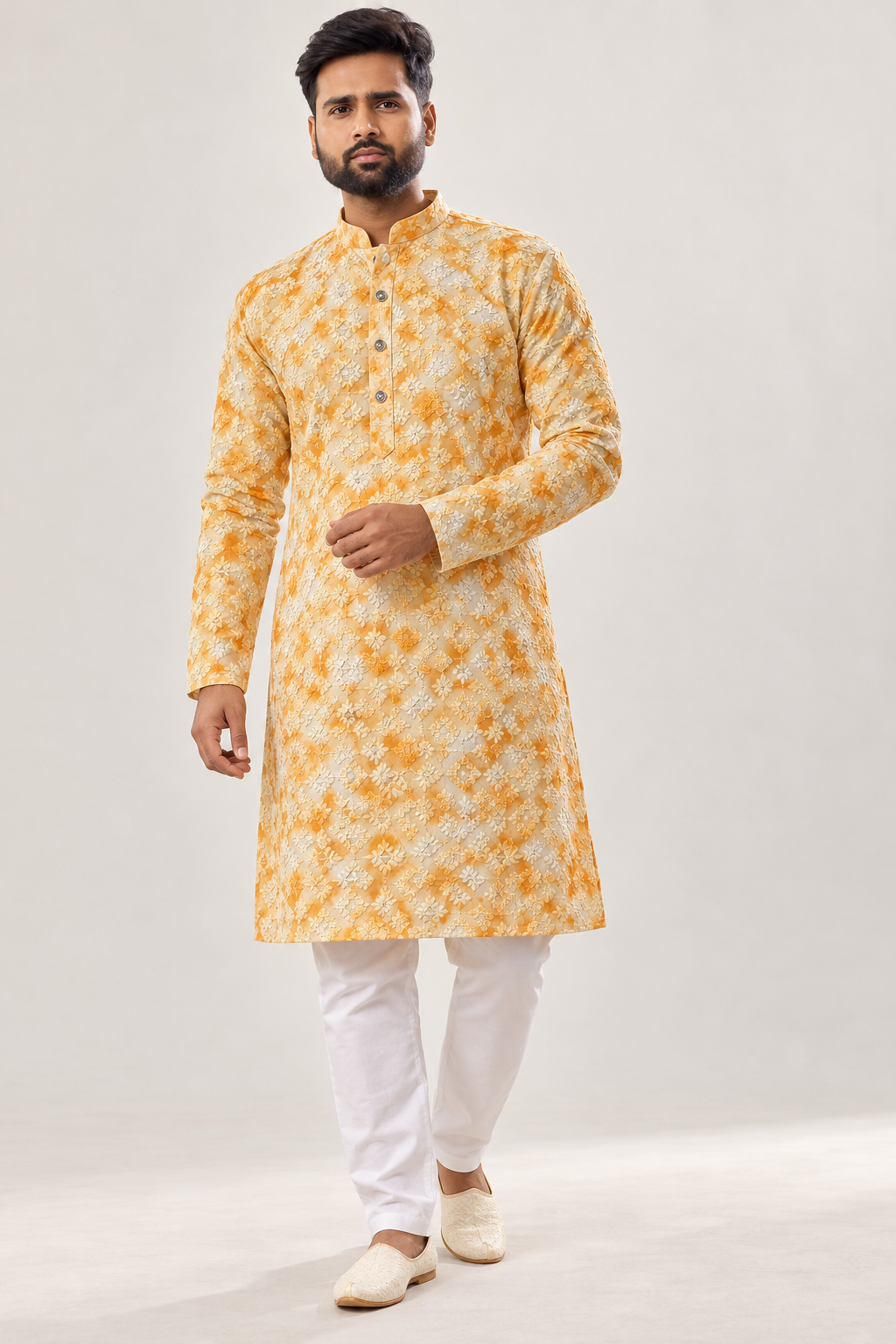Men’s Yellow & Ivory Embroidered Kurta with White Pajama | Heavy Festive Wear