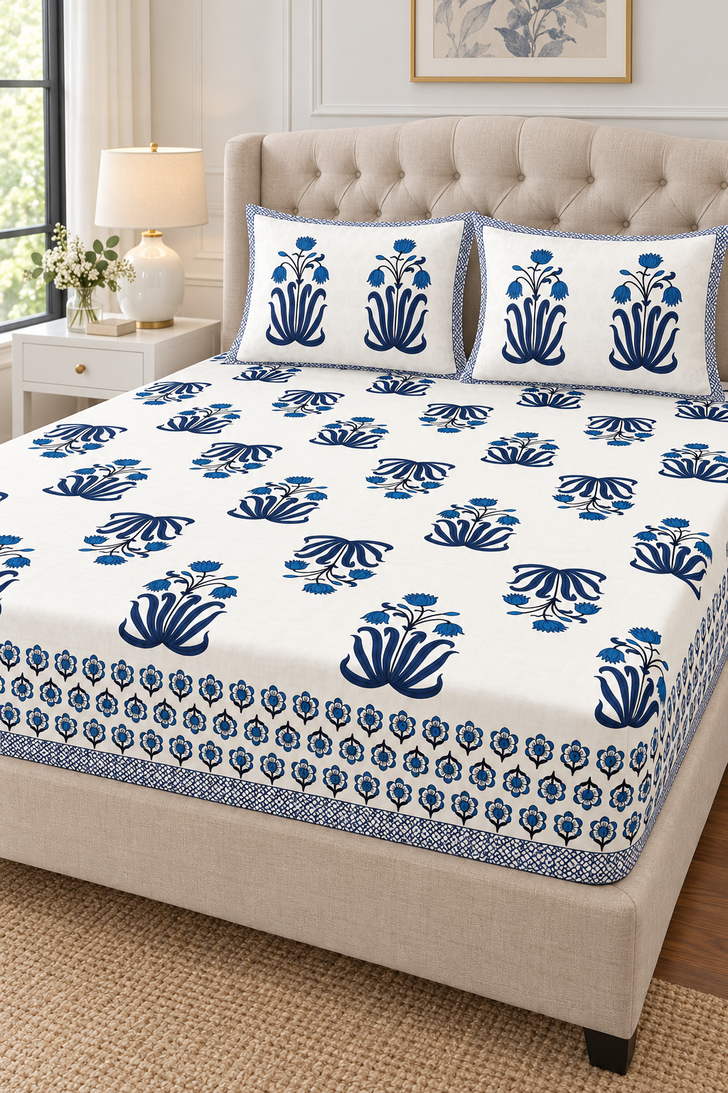 Blue Botanical Queen Fitted Bedsheet Set – Off-White Floral Print