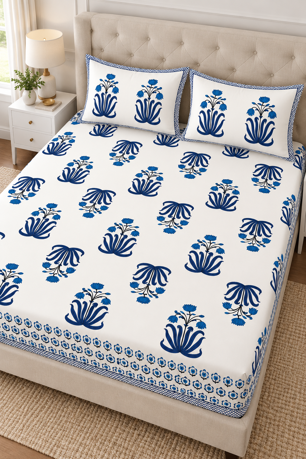 Blue Botanical Queen Fitted Bedsheet Set – Off-White Floral Print