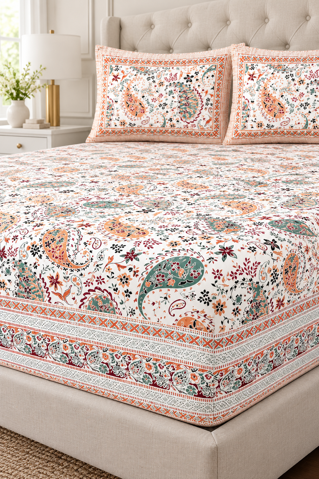 Peach & Green Paisley King Fitted Bedsheet – 78″ × 80″, 16″ Deep Pocket