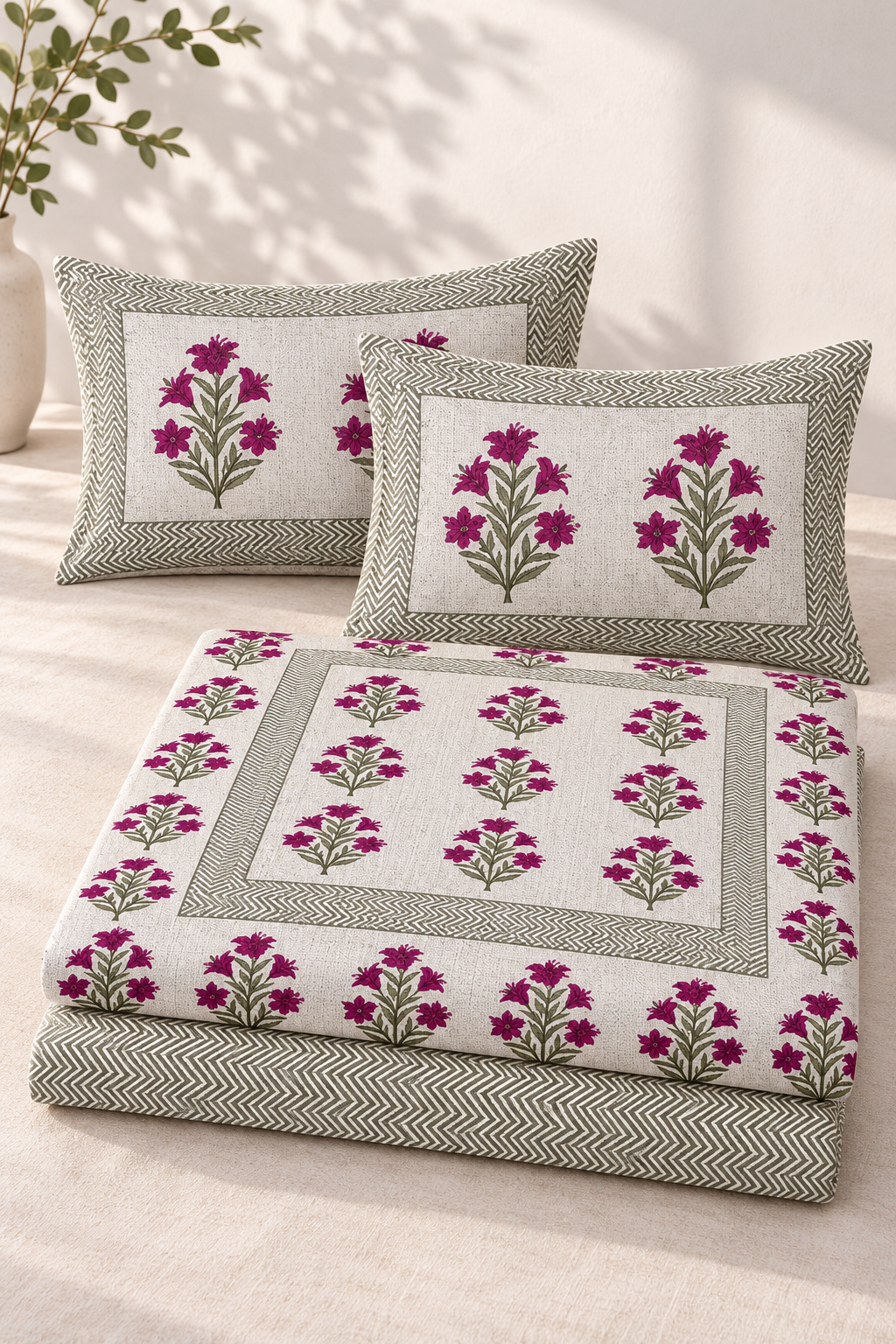Queen Size Flat Bedsheet with Matching Pillowcases – Magenta Floral & Chevron Border