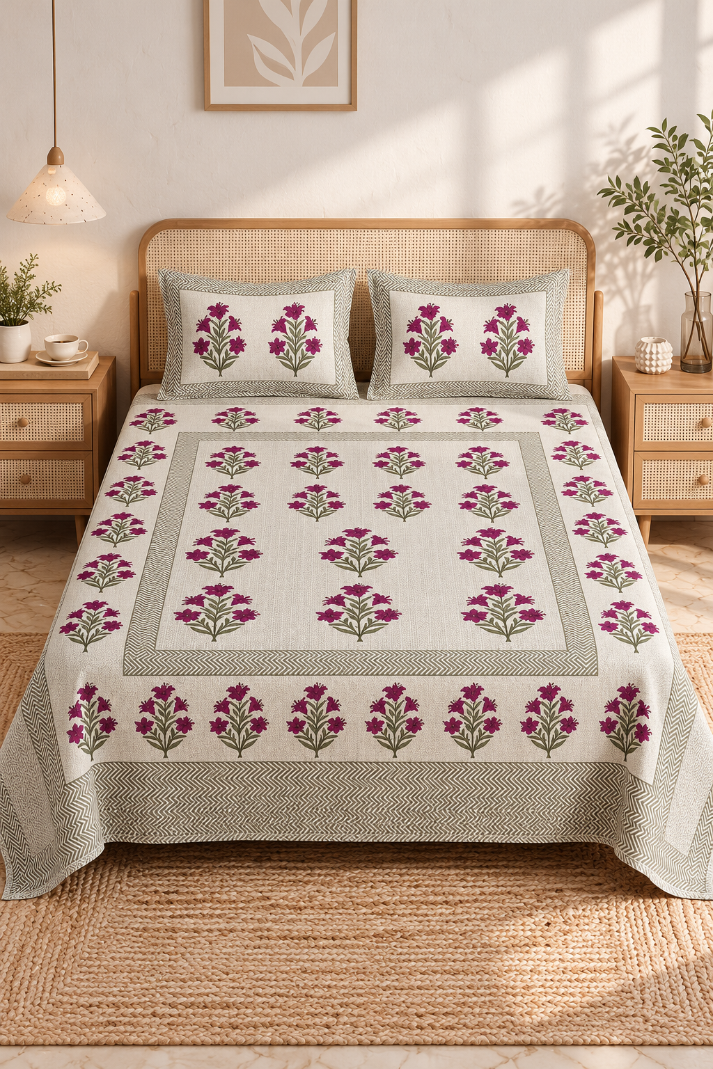 Queen Size Flat Bedsheet with Matching Pillowcases – Magenta Floral & Chevron Border