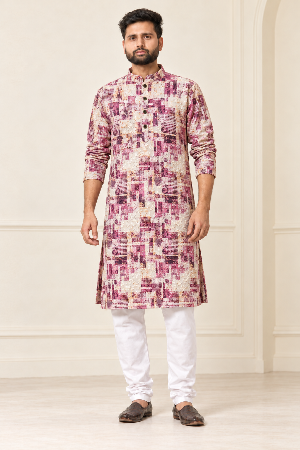 Men’s Cream & Plum Sequin Work Kurta with White Pajama | Heavy Festive Wear