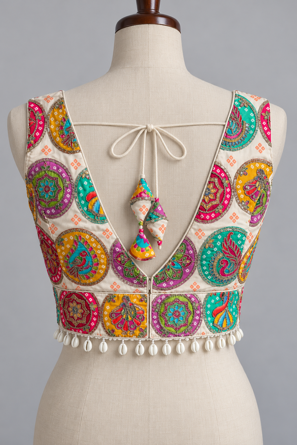 Off-White Multicolor Embroidered Crepe Silk Padded Blouse with Shell Trim