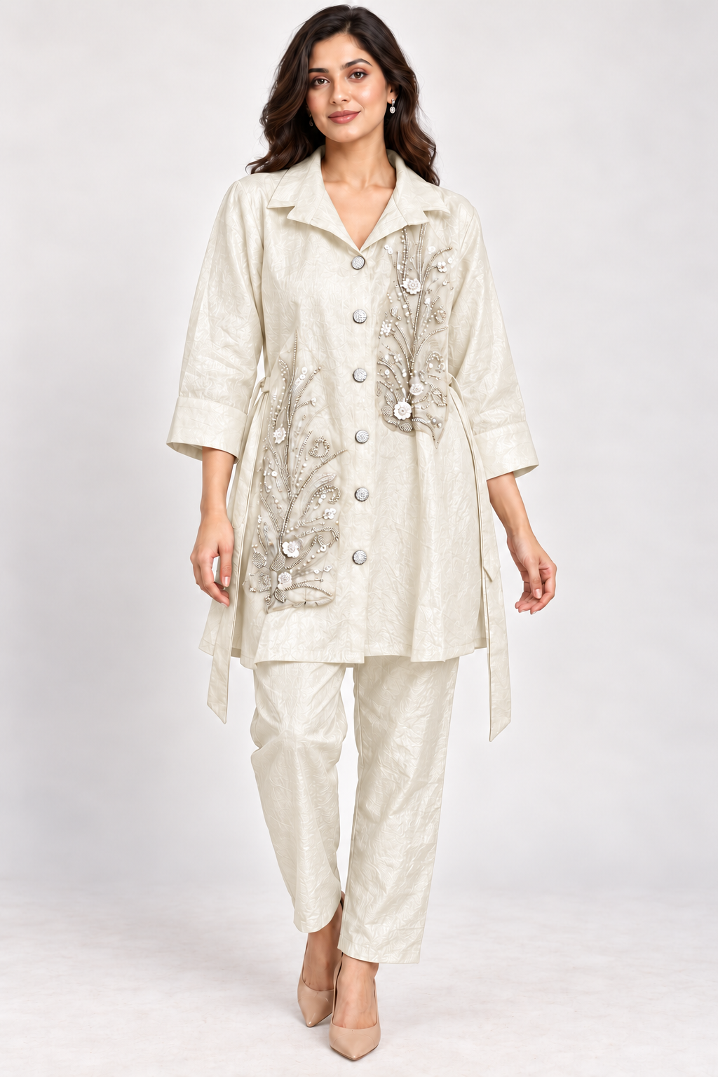 Ivory Botanical Embellished Co-ord Set – Size 38