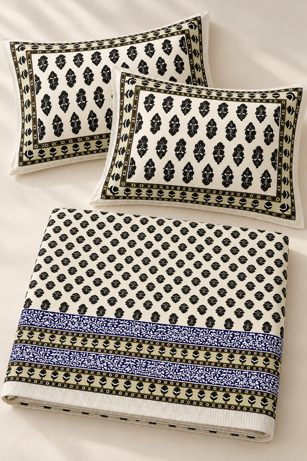 Queen Size Flat Bedsheet with Matching Pillowcases – Cream & Black Motif Print
