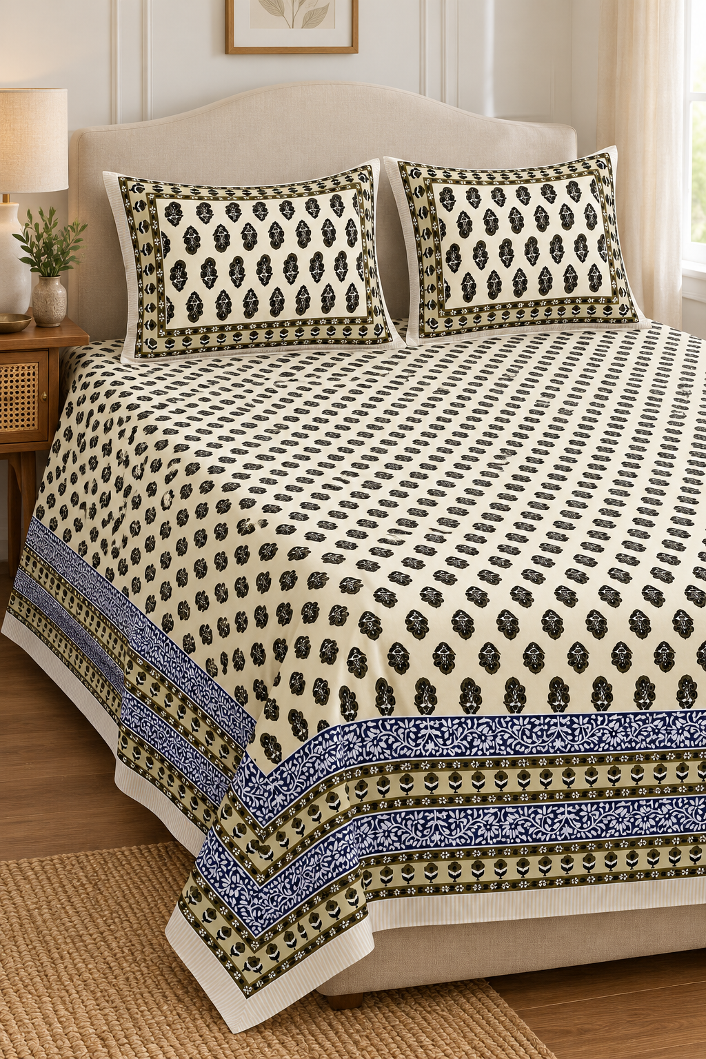 Queen Size Flat Bedsheet with Matching Pillowcases – Cream & Black Motif Print