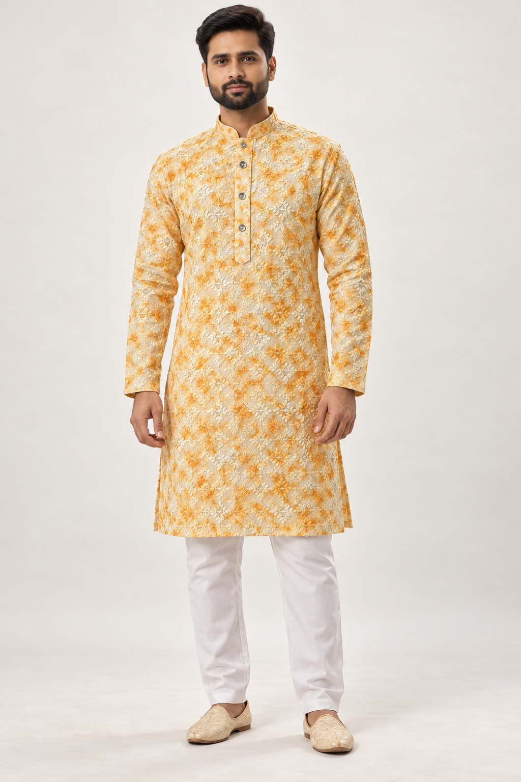 Men’s Yellow & Ivory Embroidered Kurta with White Pajama | Heavy Festive Wear