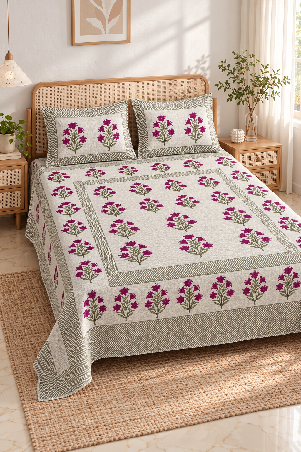 Queen Size Flat Bedsheet with Matching Pillowcases – Magenta Floral & Chevron Border