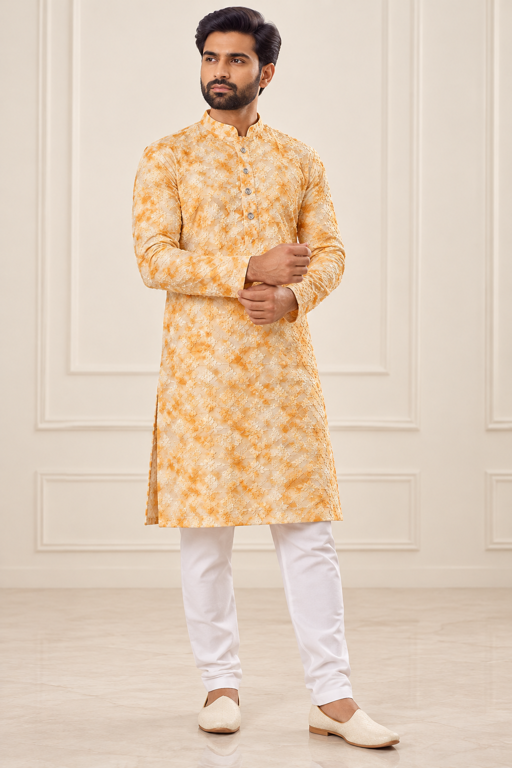 Men’s Yellow & Ivory Embroidered Kurta with White Pajama | Heavy Festive Wear