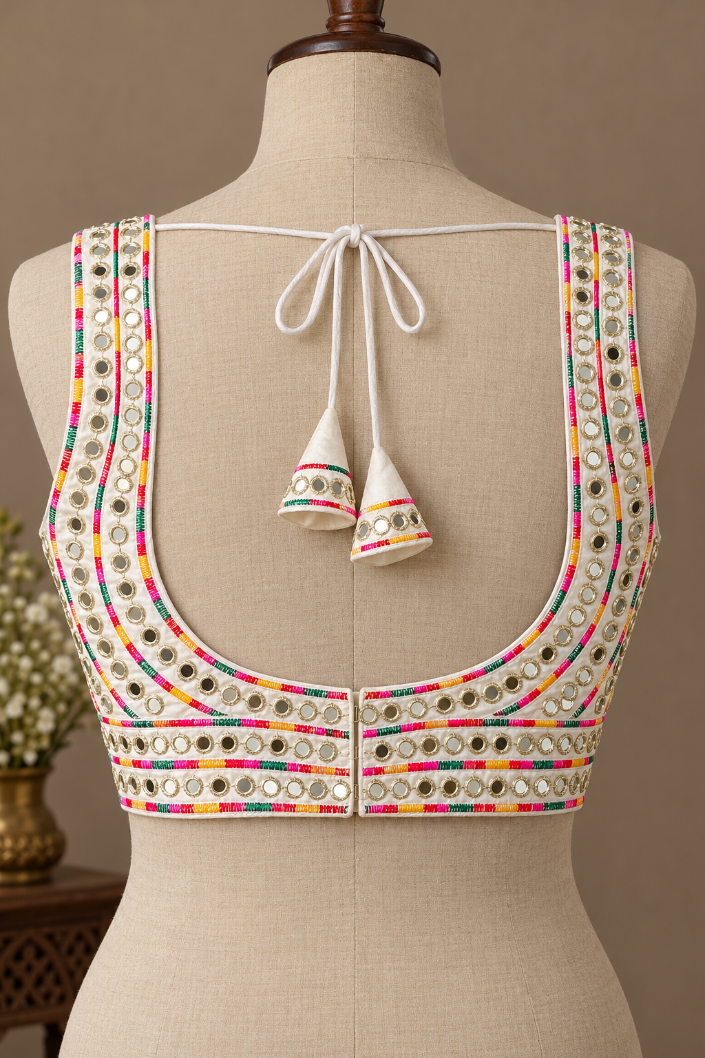 White Mirror Work Raw Silk Applecut Blouse