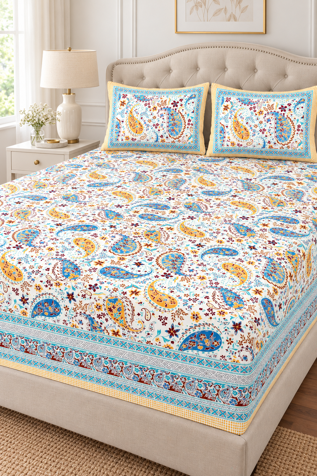 Blue & Yellow Paisley King Fitted Bedsheet – 78″ × 80″, 16″ Deep Pocket