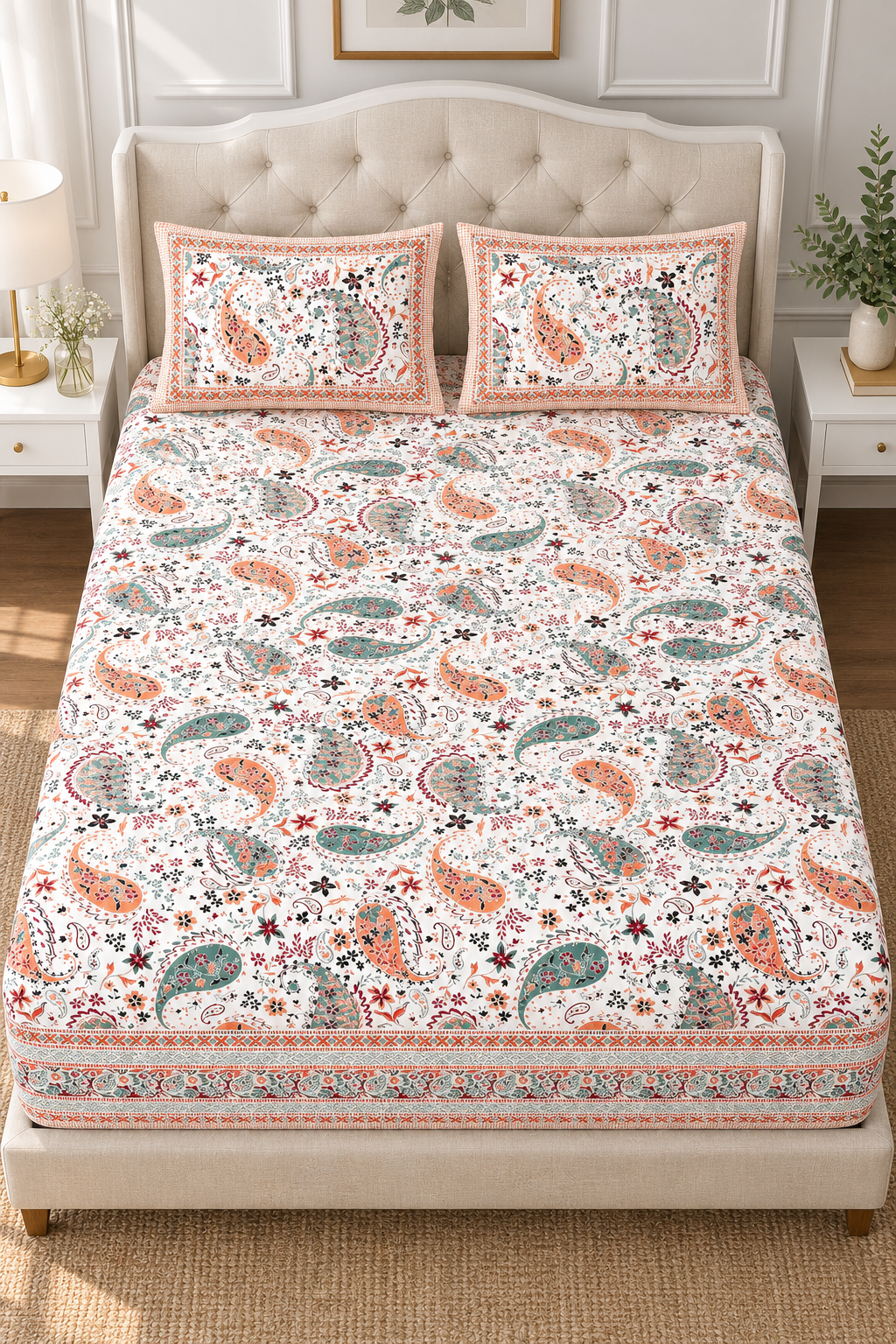 Peach & Green Paisley King Fitted Bedsheet – 78″ × 80″, 16″ Deep Pocket