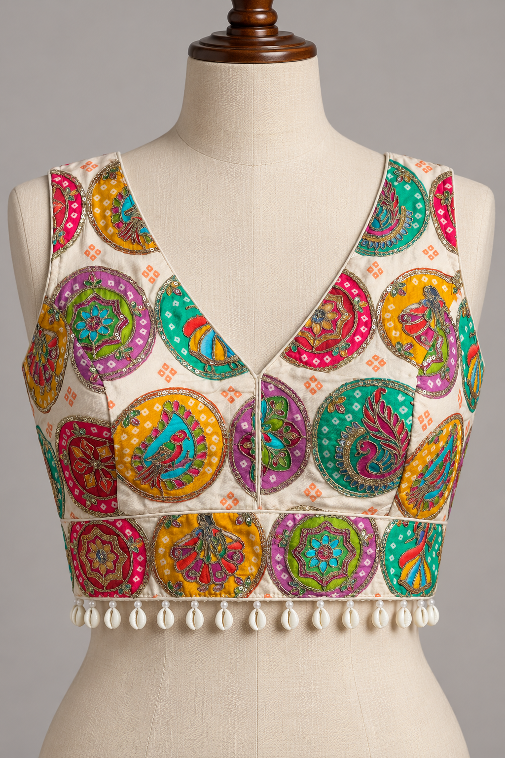 Off-White Multicolor Embroidered Crepe Silk Padded Blouse with Shell Trim