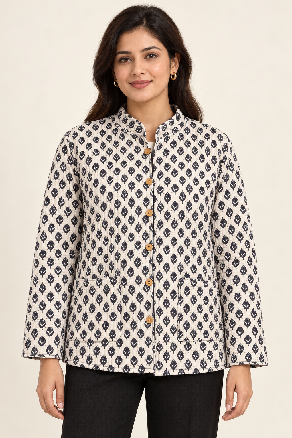 Women’s Reversible Full-Sleeve Quilted Jacket – Black & Ivory Floral