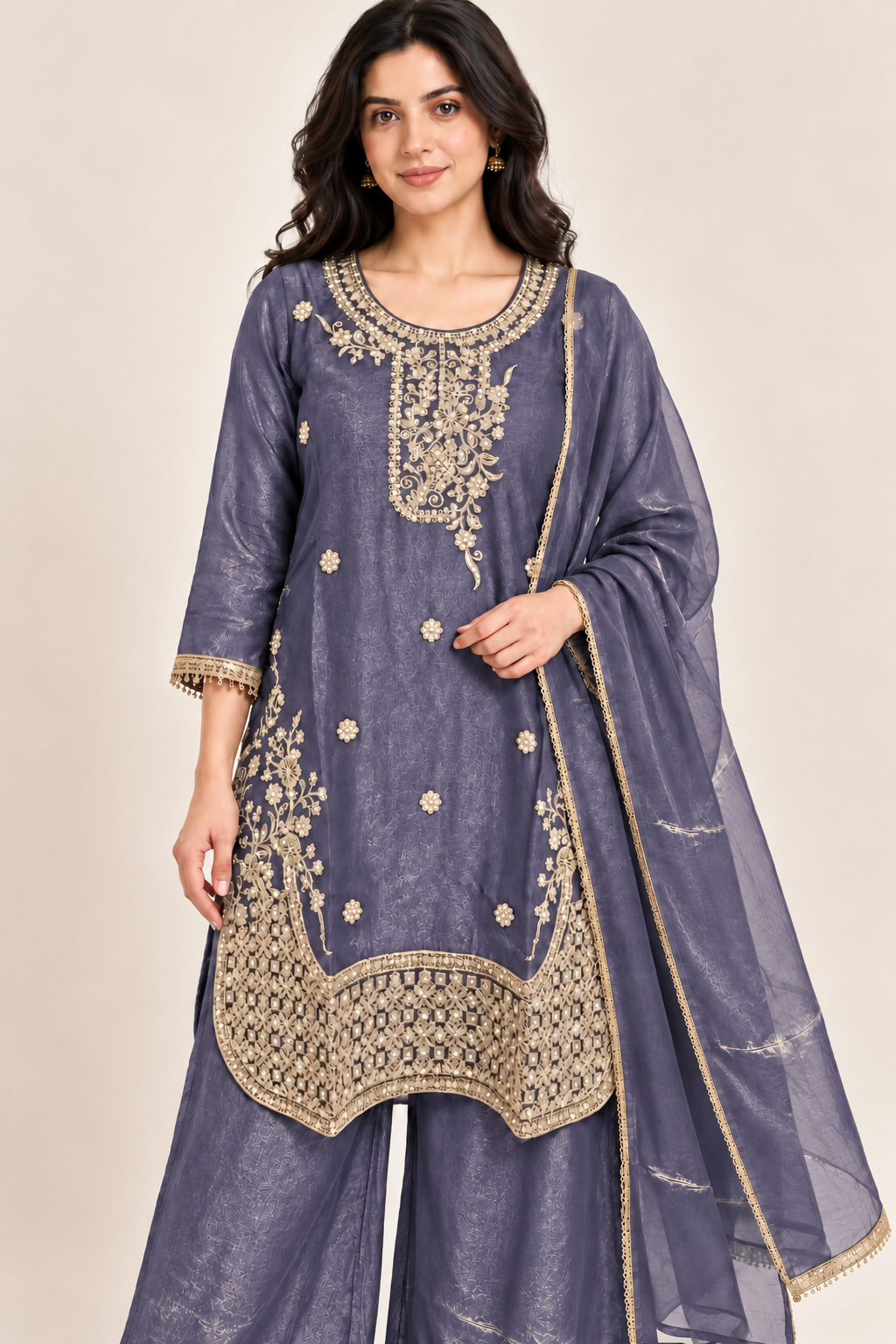 Blue-Purple Gold Embroidered Kurta Palazzo Set with Dupatta