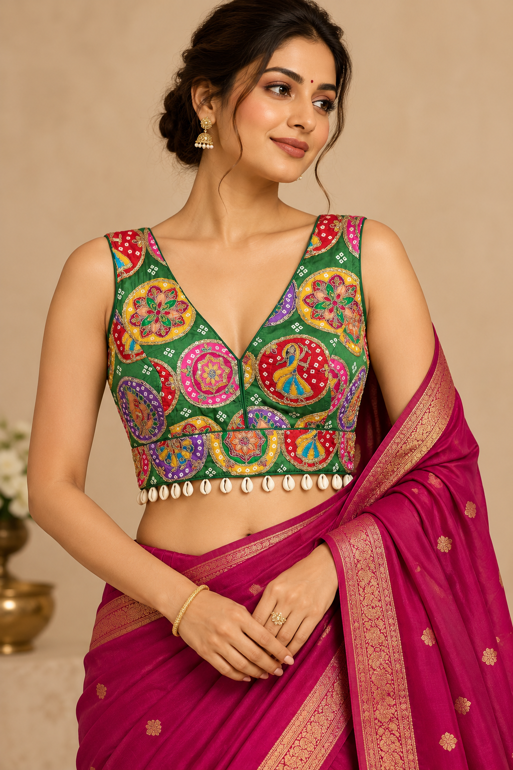 Green Multicolor Embroidered Crepe Silk Padded Blouse with Cowrie Shell Trim