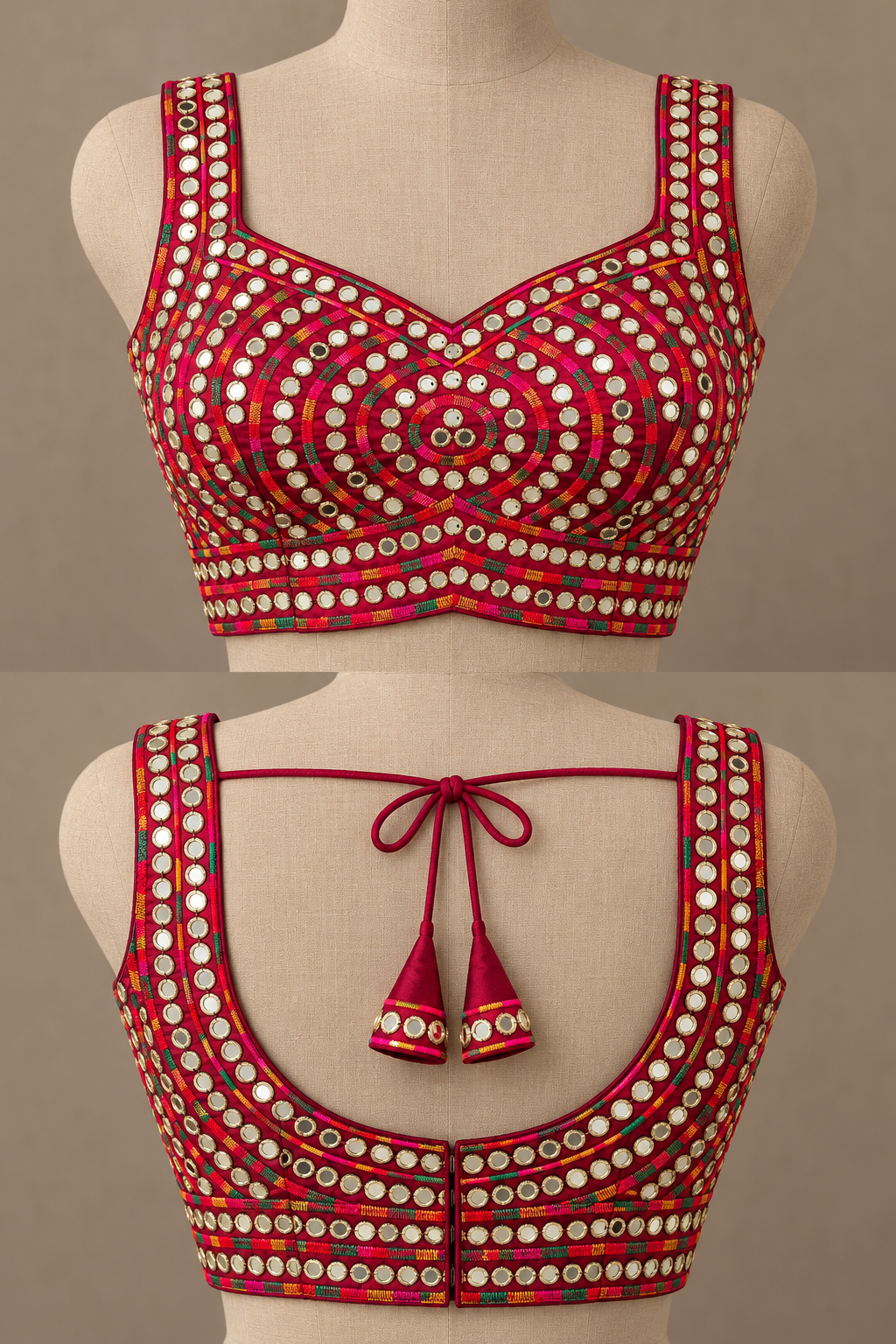Maroon Mirror Work Raw Silk Applecut Blouse