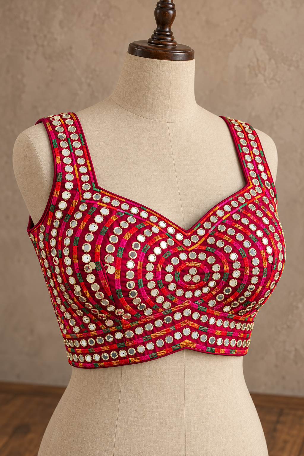 Maroon Mirror Work Raw Silk Applecut Blouse