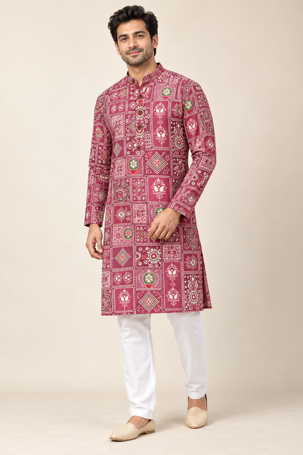 Men’s Rose Pink Patchwork Print Cotton Kurta with White Pajama