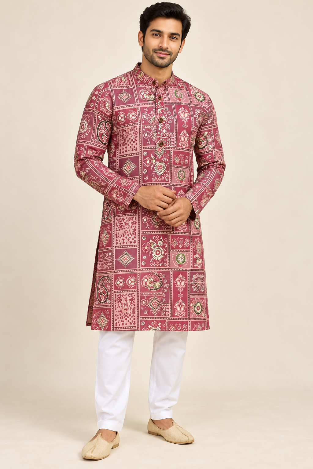 Men’s Rose Pink Patchwork Print Cotton Kurta with White Pajama