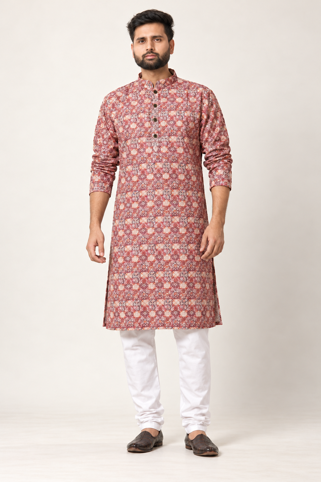 Men’s Dusty Rose Sequin Work Kurta with White Pajama | Heavy Festive Collection