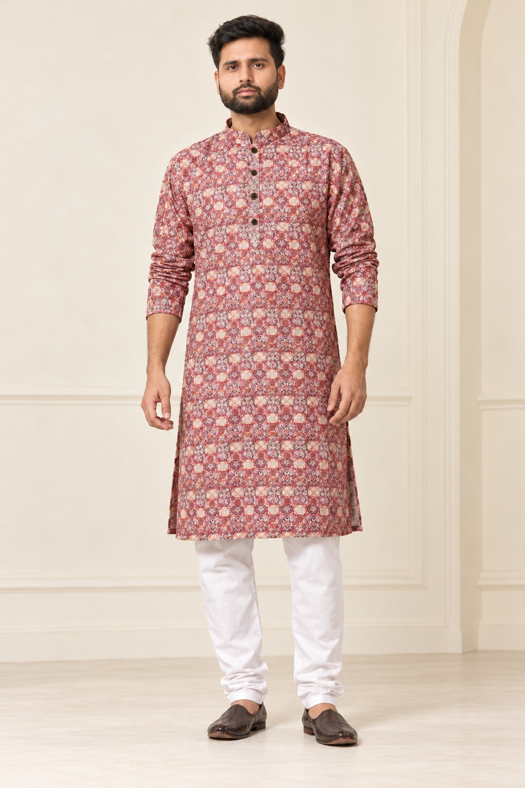 Men’s Dusty Rose Sequin Work Kurta with White Pajama | Heavy Festive Collection