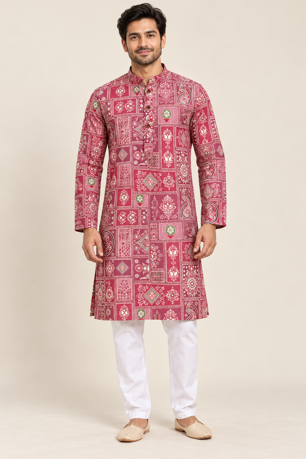 Men’s Rose Pink Patchwork Print Cotton Kurta with White Pajama