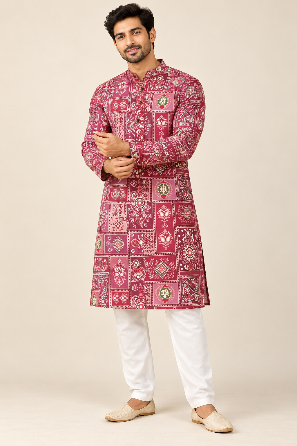 Men’s Rose Pink Patchwork Print Cotton Kurta with White Pajama