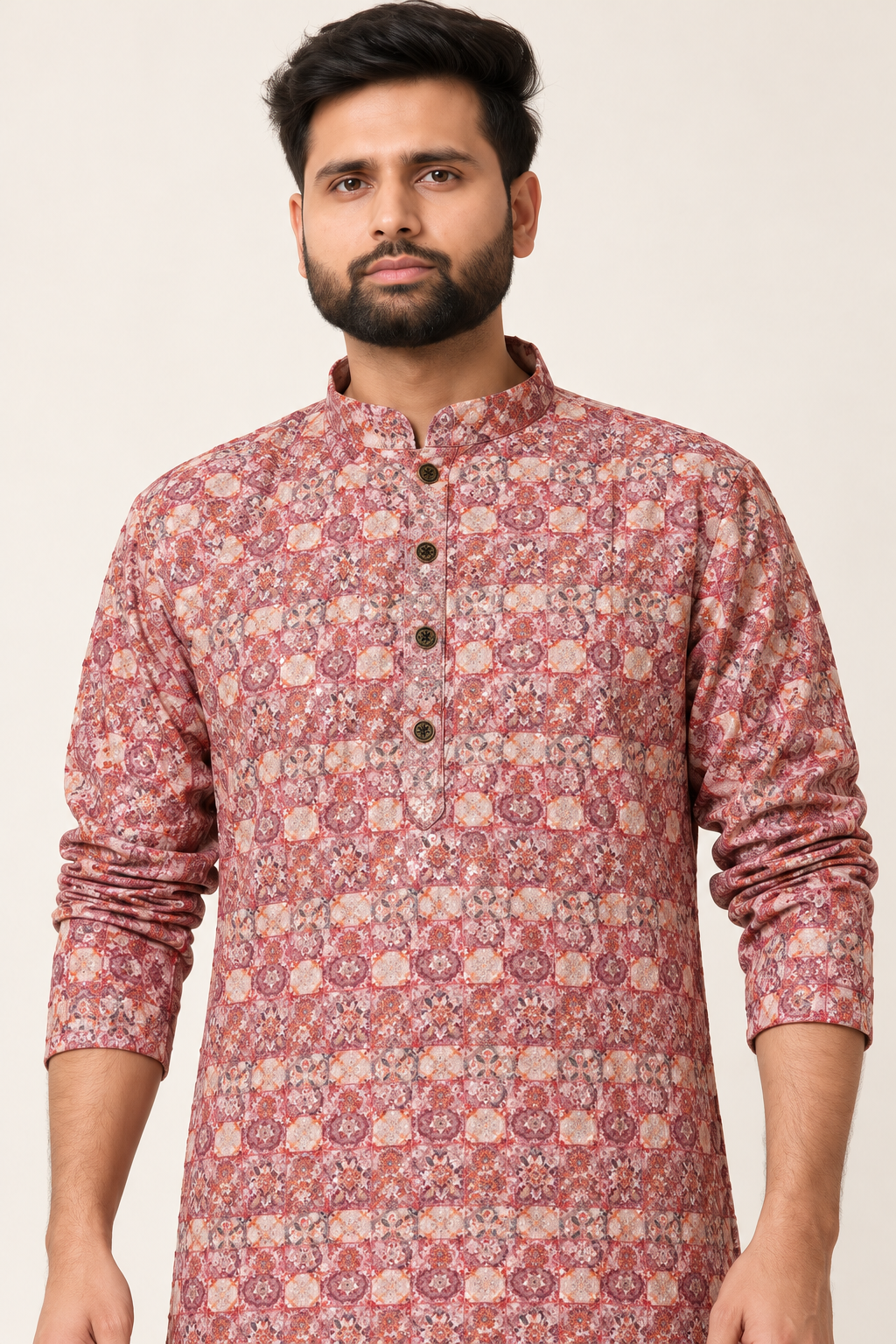 Men’s Dusty Rose Sequin Work Kurta with White Pajama | Heavy Festive Collection