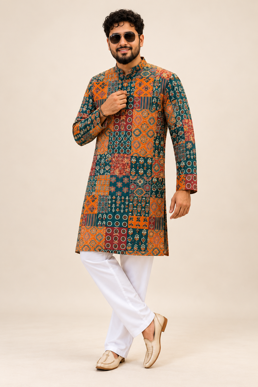 Men’s Multicolor Printed Kurta with White Pajama | Festive Wear
