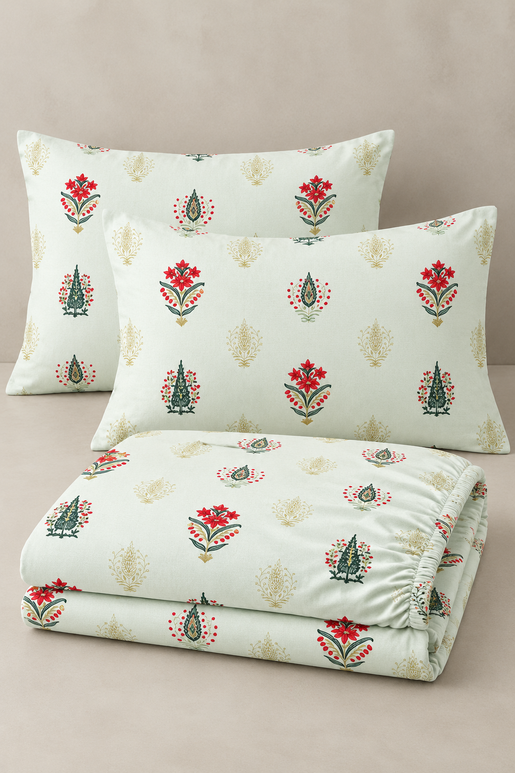 Mint Botanical Queen Size Fitted Bedsheet Set – Red Floral Print